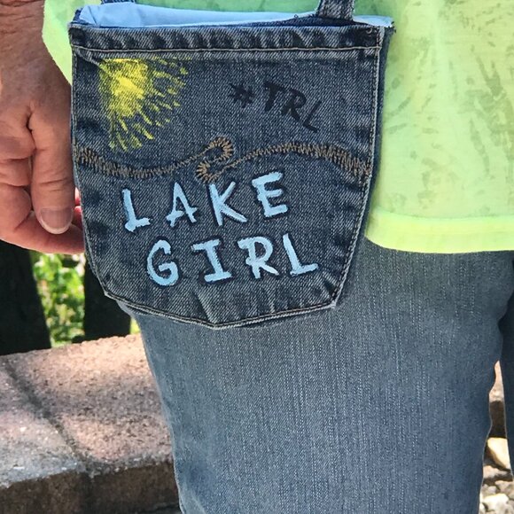 Handmade Crossbody Bag: Recycled Denim Cell Phone Holder, Table Rock Lake Pouch - Picture 5 of 11